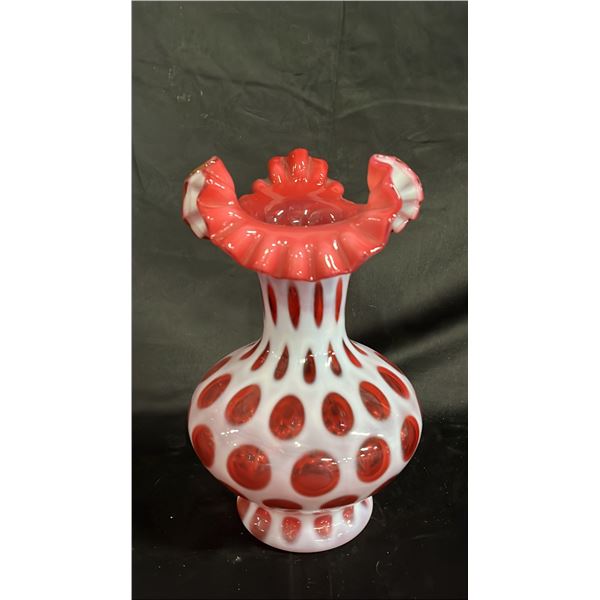 FENTON CRANBERRY OPALESCENT COIN DOT GLASS VASE 10" TALL
