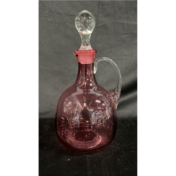 CRANBERRY GLASS DECANTER WITH STOPPER: APPROX. 11" TALL