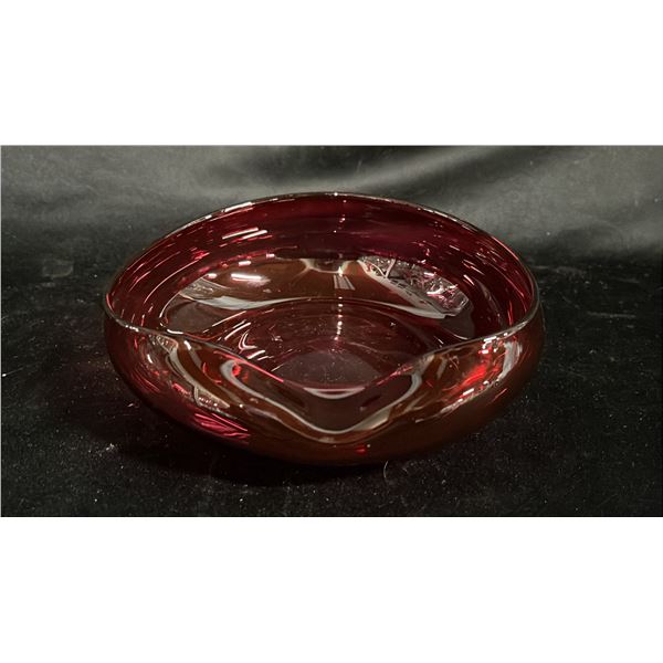 CRANBERRY GLASS BOWL SIGNED "ROY" 6.5" WIDE