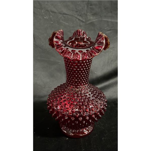FENTON CRANBERRY HOBNAIL GLASS VASE 11" TALL