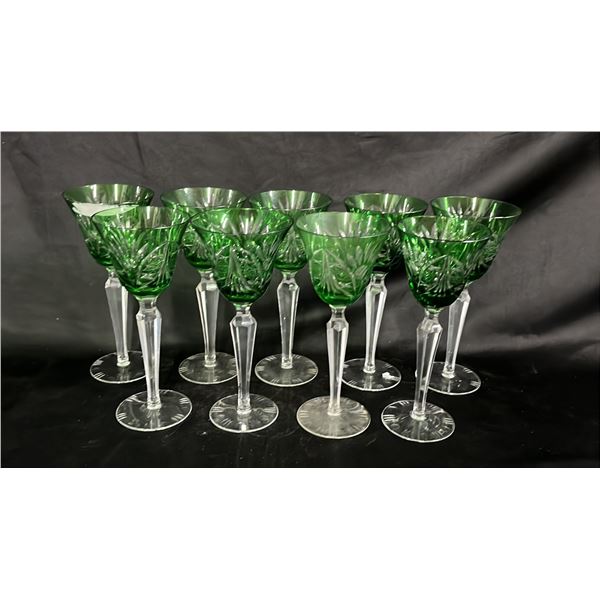 9 GREEN CUT-TO CLEAR WINE HOCK GLASSES 8" TALL