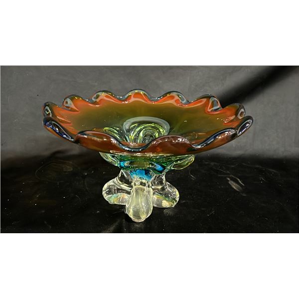 MURANO STYLE ART GLASS FOOTED CENTERPIECE BOWL  10" WIDE