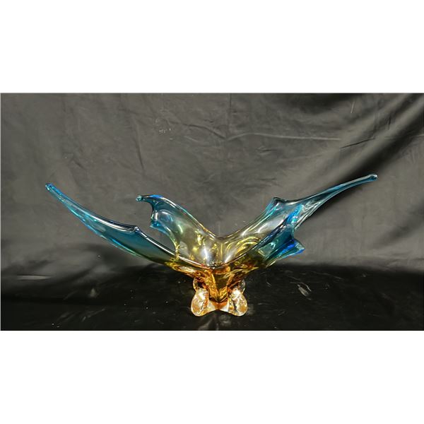 VINTAGE TIE-DYE ART GLASS CENTERPIECE BOWL 22.5" WIDE