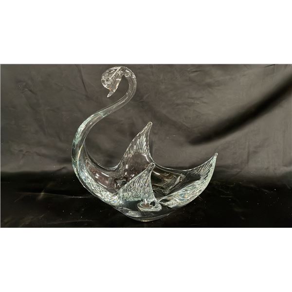 CLEAR ART GLASS SWAN SHAPED BOWL 11" TALL