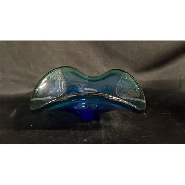 VINTAGE BLUE & TEAL WAVE BOWL - POSSIBLY MURANO 10" WIDE