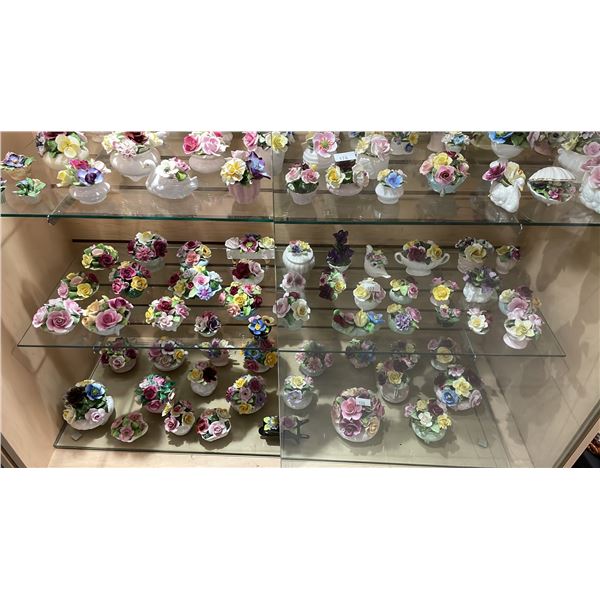 SHELF OF ASSORTED PORCELAIN FLORALS: AYNSLEY, BIRKS, STAFFORDSHIRE & MORE