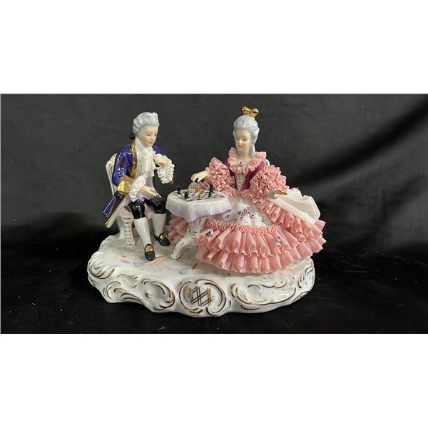 VINTAGE DRESDEN PORCELAIN LACE FIGURINE OF A MAN & WOMAN PLAYING CHESS 9.5" WIDE