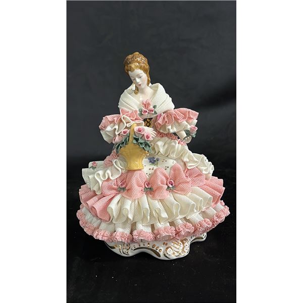 VINTAGE DRESDEN PORCELAIN LACE ROCOCO LADY FIGURINE 6.5" TALL