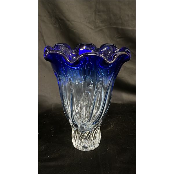 COBALT TO CLEAR ART GLASS VASE 9.5" TALL