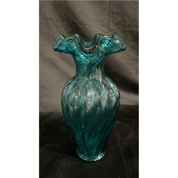 FENTON BLUE RIBBED VASE WITH RUFFLED TOP 11" TALL