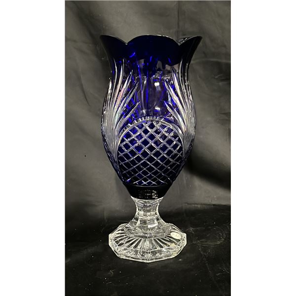 COBALT CUT-TO-CLEAR  BOHEMIAN 24% LEAD CRYSTAL PEDESTAL VASE 18" TALL