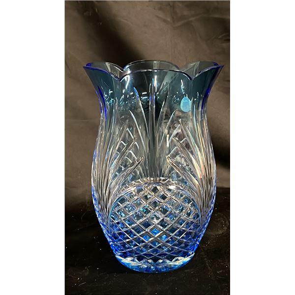 BLUE CUT-TO-CLEAR HUNGARIAN 24% LEAD CRYSTAL VASE 9" TALL