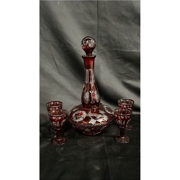 EGERMANN CZECHOSLOVAKIA 5 PIECE RUBY CUT-TO-CLEAR GLASS DECANTER SET