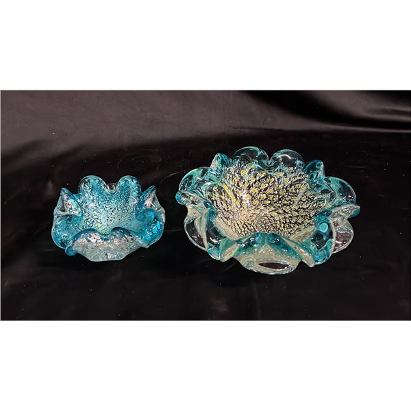 (2) MURANO ART GLASS TURQUOISE & GOLD BELLICANTE BOWLS: LARGER BOWL IS 8" WIDE