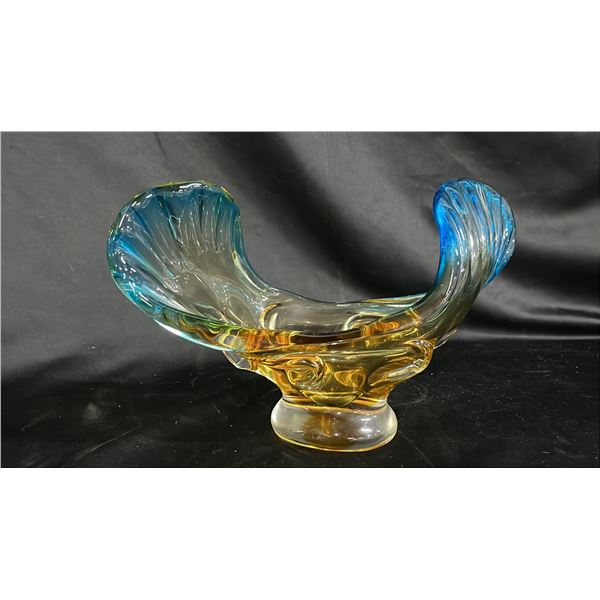 BLUE OVER AMBER ART GLASS CLAM SHELL DISH: 12.5" WIDE - COULD BE EDAG