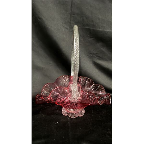 CRANBERRY ART GLASS BASKET WITH CLEAR TWISTED ROPE HANDLE 11.5" TALL