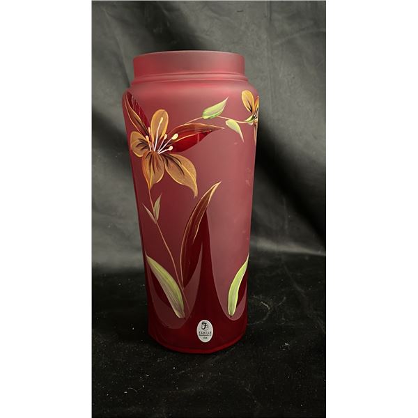 FENTON ART GLASS HAND PAINTED RED FLORAL ACCENT VASE 9" TALL