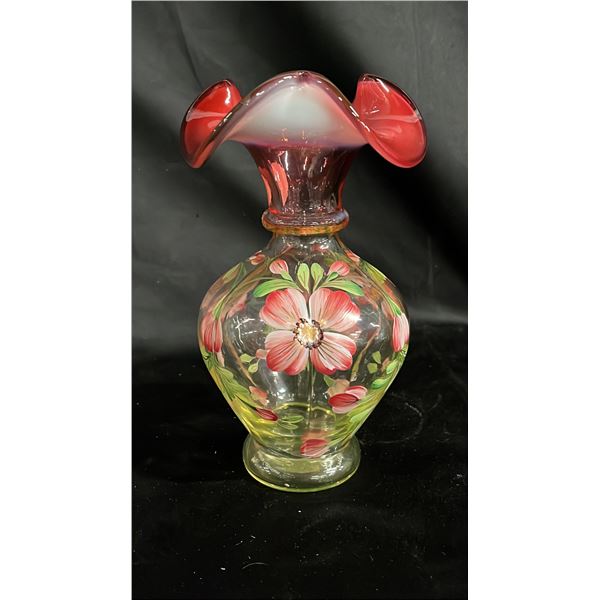 FENTON GOLD TREASURE COLLECTION HAND PAINTED RED OPAL VASE 8" TALL