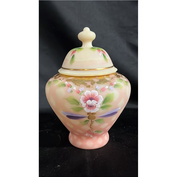 FENTON BURMESE "DRAGONFLY DELIGHT" TEMPLE JAR: #1487/2500 7" TALL