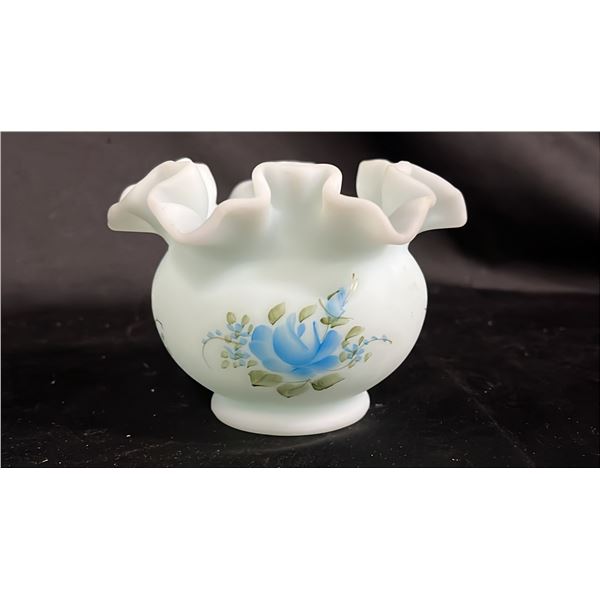 FENTON HAND PAINTED DOUBLE CRIMPED BLUE GLASS VASE 5" WIDE