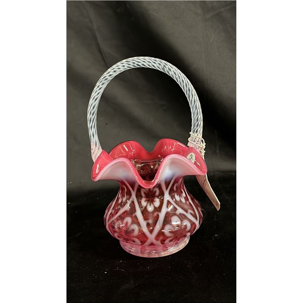FENTON CRANBERRY OPALESCENT 8.5" T GLASS BASKET WITH A CLEAR, TWISTED ROPE HANDLE: SIGNED
