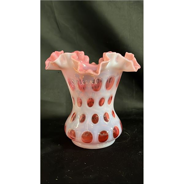 FENTON CRANBERRY OPALESCENT COIN DOT RUFFLED GLASS VASE 6.5" TALL