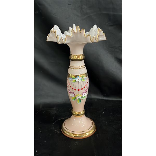 PINK HAND PAINTED BOHEMIAN ART GLASS VASE WITH GILT EDGING 10" TALL