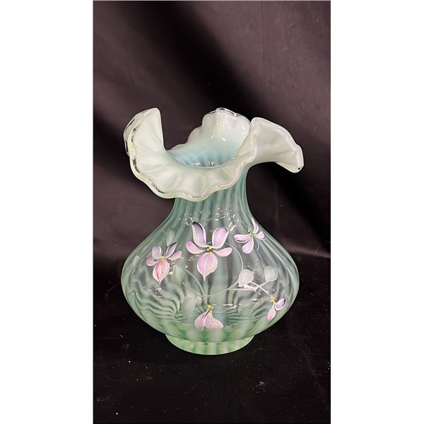 FENTON HAND PAINTED RIB OPTIC WILLOW GREEN VASE: #1026 6.5" TALL
