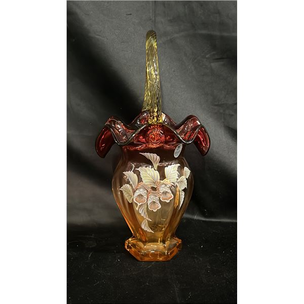 FENTON HAND PAINTED AMBERGINA GLASS BASKET: #1880/2500 11" TALL