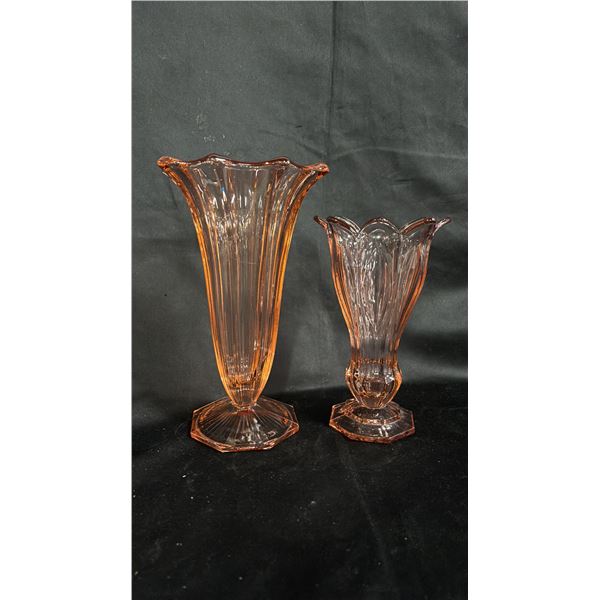 (2) AMBER ART GLASS VASES: TALLER IS 10" TALL