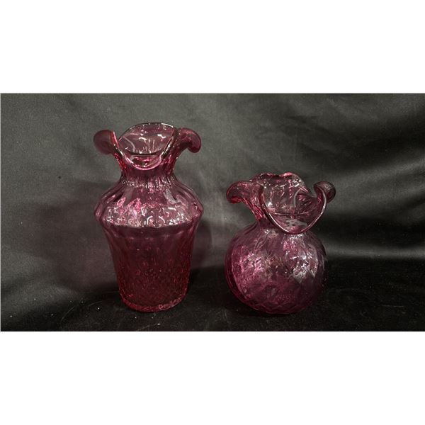 (2) CRANBERRY ART GLASS RUFFLED TOP VASES: TALLER IS 7" TALL