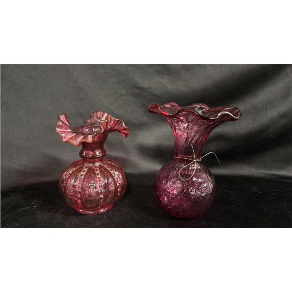 (2) CRANBERRY ART GLASS RUFFLED TOP VASES: TALLER IS 6.5" TALL