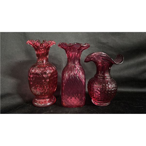 (3) CRANBERRY ART GLASS VASES: TALLEST IS 7" TALL