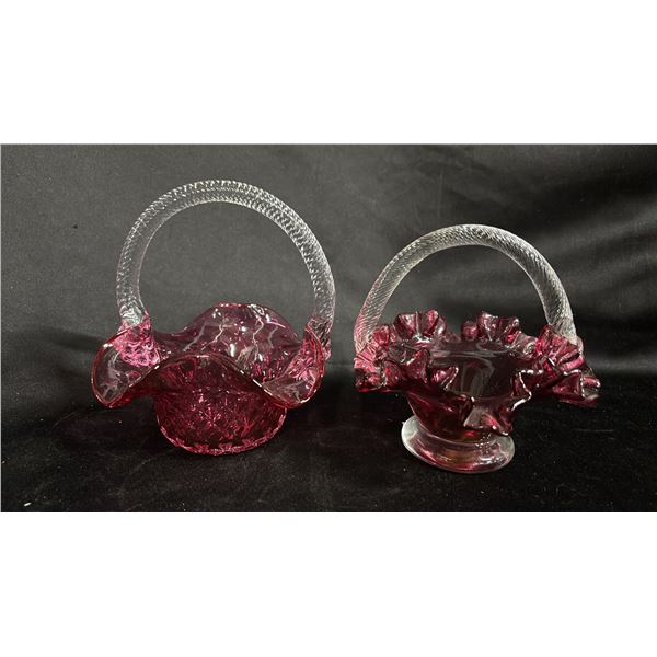 (2) SMALL CRANBERRY ART GLASS BASKETS W/ CLEAR TWISTED ROPE GLASS HANDLES 6" TALL