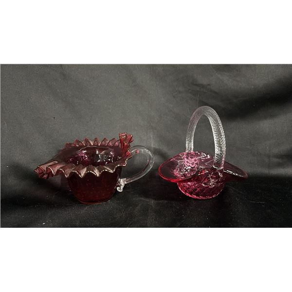 CRANBERRY RUFFLED BOWL WITH CLEAR HANDLE & 6.5"T CRANBERRY BASKET WITH CLEAR HANDLE