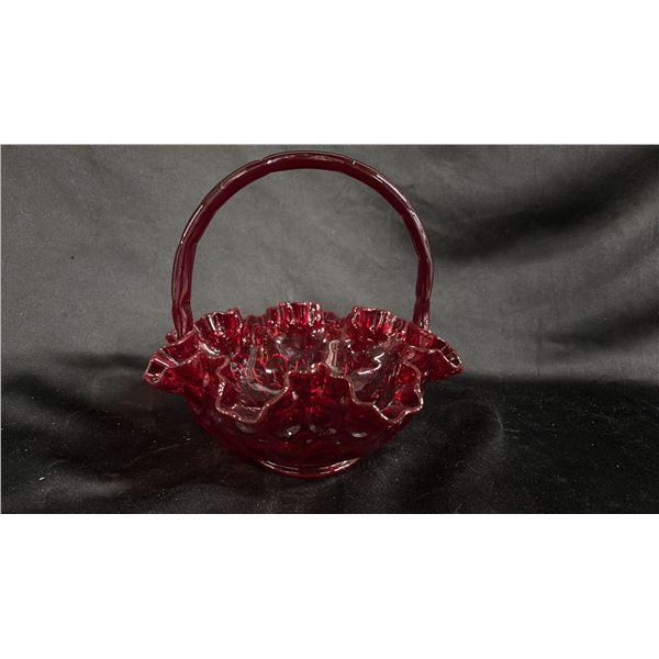 RUBY GLASS BASKET WITH THUMBPRINT PATTERN & RUFFLED EDGE 8"TALL