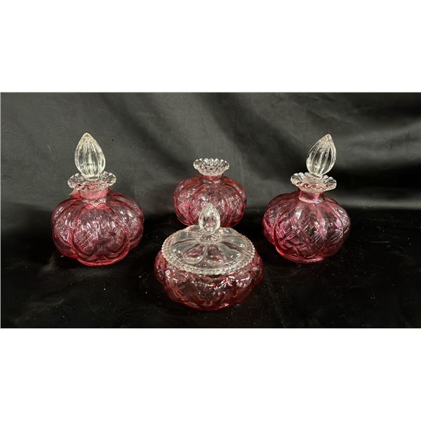 FENTON CRANBERRY GLASS DRESSER SET: 1 POWDER JAR & 3 PERFUME BOTTLES - *1 IS MISSING THE STOPPER*