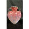 Image 1 : VICTORIAN CASED PEACHBLOW GLASS VASE WITH PAINTED ENAMEL FLOWERS & GOLD STEMS 7" T