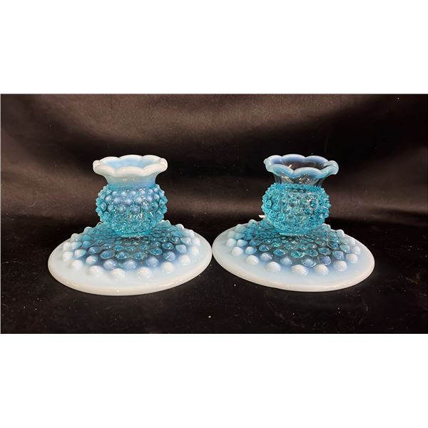 PAIR OF FENTON BLUE OPALESCENT HOBNAIL CANDLE HOLDERS 5"W