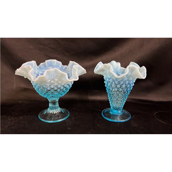 FENTON BLUE OPALESCENT HOBNAIL GLASS VASE & BLUE OPALESCENT HOBNAIL GLASS COMPOTE 6"T