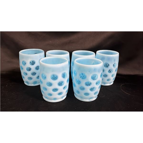 (6) FENTON BLUE OPALESCENT COIN DOT TUMBLERS  4"T