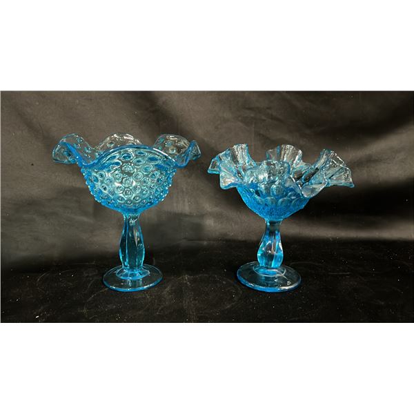 (2) FENTON BLUE RUFFLED COMPOTE DISHES: 1 HOBNAIL, 1 THUMBPRINT 6"T