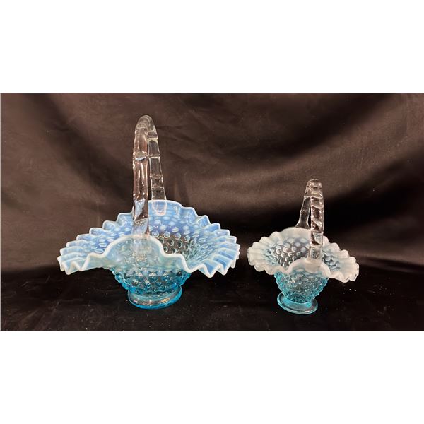 (2) FENTON BLUE OPALESCENT HOBNAIL GLASS BASKETS: LARGER IS 8"T