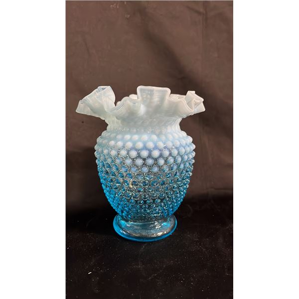 FENTON BLUE OPALESCENT HOBNAIL GLASS VASE 5.5"T