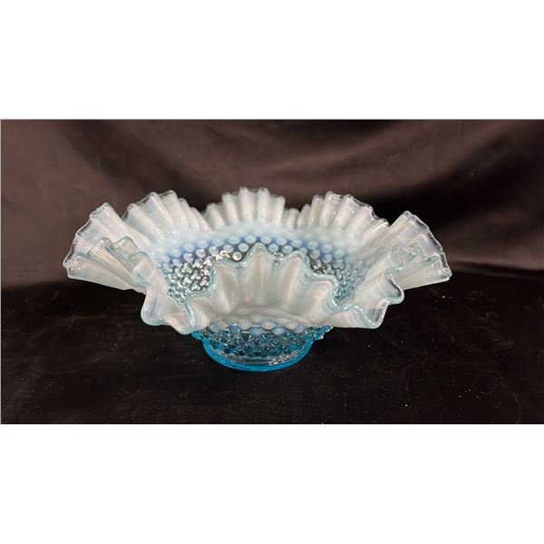 FENTON BLUE OPALESCENT HOBNAIL GLASS RUFFLE EDGED BOWL 10" WIDE