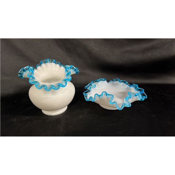 (2) FENTON AQUA CREST MILK GLASS PIECES: 1 CANDY DISH(5"W) & 1 VASE (4"T)