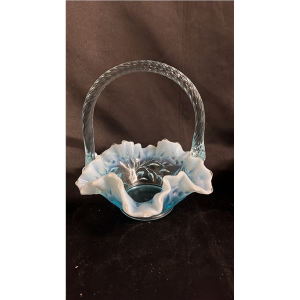 FENTON BLUE OPALESCENT GLASS RUFFLED EDGE BASKET 7"T