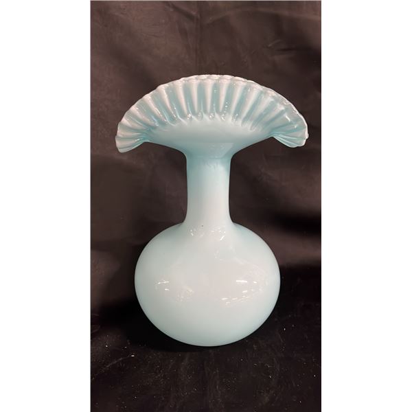 FENTON BLUE OPALESCENT RUFFLED EDGE FAN VASE: 8.5" TALL