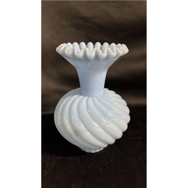 FENTON MIST BLUE SATIN SWIRLED MELON VASE: 6" TALL