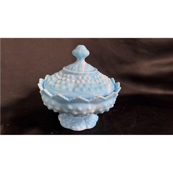 FENTON BLUE & WHITE SWIRL SLAG GLASS HOBNAIL COVERED CANDY DISH: 6.5" DIAMETER
